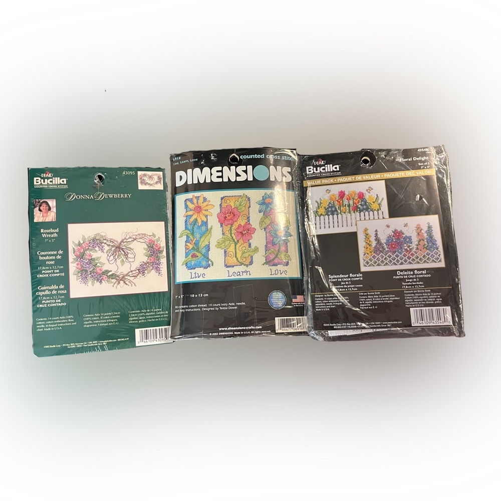 Lot Of 3 Cross Stitch Kits X1 Dimensions X2 Bucilla size 7x5”